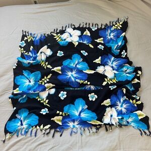 Island Breeze Maui Island Apparel Black Blue Floral Tassel Sarong Scarf Wrap